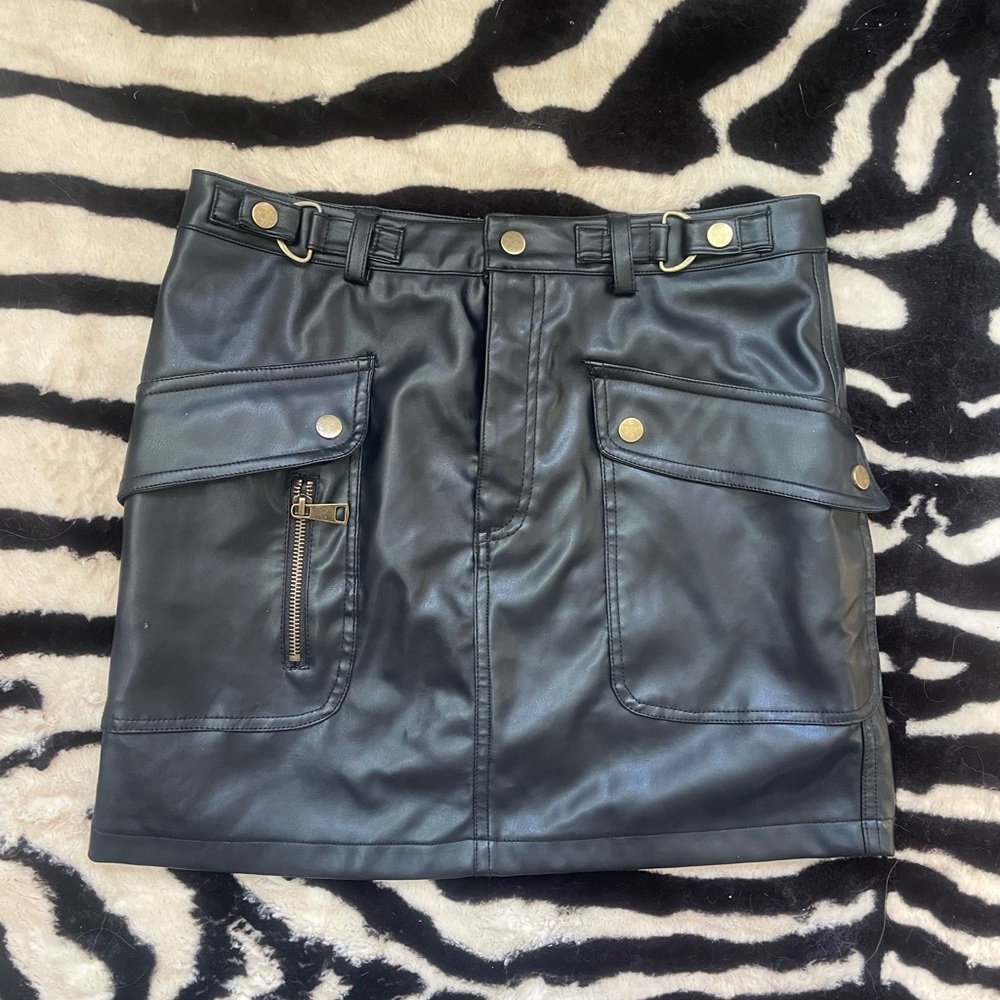 Black faux moto utility Leather Skirt with Pockets